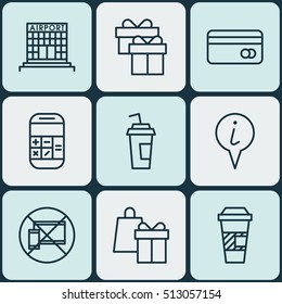 Set Of Transportation Icons On Drink Cup, Forbidden Mobile And Airport Construction Topics. Editable Vector Illustration. Includes Paper, Coffee, Takeaway And More Vector Icons.