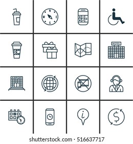 Set Of Transportation Icons On Drink Cup, Airport Construction And Forbidden Mobile Topics. Editable Vector Illustration. Includes Around, Appointment, Present And More Vector Icons.