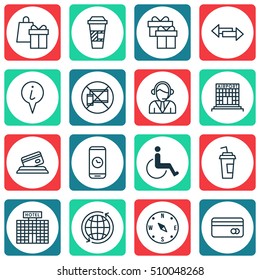 Set Of Transportation Icons On Hotel Construction, Call Duration And Airport Construction Topics. Editable Vector Illustration. Includes Accessibility, Coffee, Arrows And More Vector Icons.