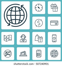 Set Of Transportation Icons On Plastic Card, World And Locate Topics. Editable Vector Illustration. Includes Center, Gift, Calculation And More Vector Icons.