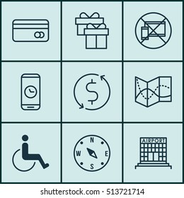 Set Of Transportation Icons On Plastic Card, Money Trasnfer And Call Duration Topics. Editable Vector Illustration. Includes Compass, No, Locate And More Vector Icons.
