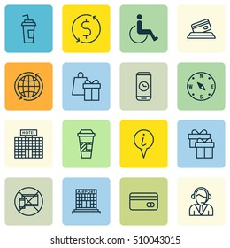 Set Of Transportation Icons On Present, Drink Cup And Hotel Construction Topics. Editable Vector Illustration. Includes Paper, Center, Credit And More Vector Icons.
