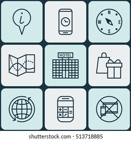 Set Of Transportation Icons On Road Map, Shopping And Hotel Construction Topics. Editable Vector Illustration. Includes Gift, Calculator, No And More Vector Icons.