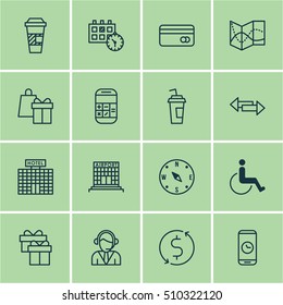Set Of Transportation Icons On Shopping, Call Duration And Road Map Topics. Editable Vector Illustration. Includes Hotel, Disabled, Credit And More Vector Icons.