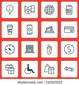 Set Of Transportation Icons On Takeaway Coffee, Drink Cup And Plastic Card Topics. Editable Vector Illustration. Includes Present, Accessibility, Transfer And More Vector Icons.