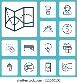 Set Of Transportation Icons On Takeaway Coffee, Road Map And Present Topics. Editable Vector Illustration. Includes Paper, Card, Drink And More Vector Icons.