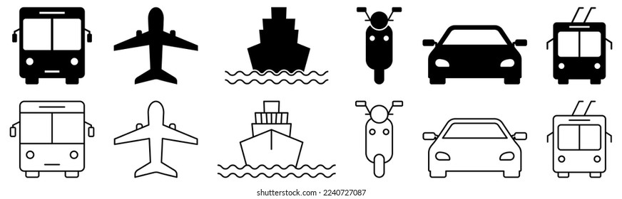 Set of transportation icons. Public bus, airplane, ship, scooter, car and tram in line and flat design. Vector illustration
