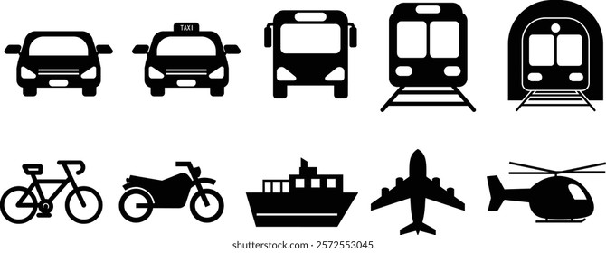 Set of Transportation Icons, Silhouettes of Cars, Bikes, Trains, Airplanes, Ships, and More