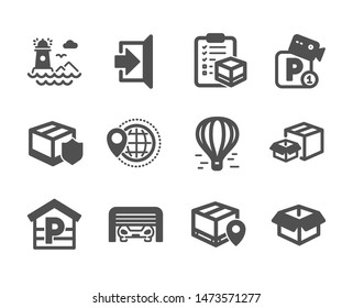 Set of Transportation icons, such as Air balloon, Delivery insurance, Exit, Parcel tracking, Lighthouse, Opened box, Parking garage, Packing boxes, Parking, World travel, Parcel checklist. Vector