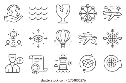 Set of Transportation icons, such as Air balloon, Lighthouse. Diploma, ideas, save planet. Search flight, Logistics network, Waves. Parcel delivery, Airplane travel, Fragile package. Vector