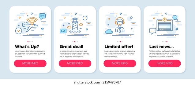 Set of Transportation icons, such as Airplane wifi, Lighthouse, Shipping support symbols. Mobile app mockup banners. Parking garage line icons. Wi-fi internet, Beacon tower, Delivery manager. Vector