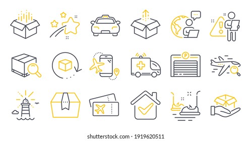 Set of Transportation icons, such as Ambulance car, Taxi, Parking garage symbols. Open box, Search package, Boarding pass signs. Search flight, Send box, Bumper cars. Flights application. Vector