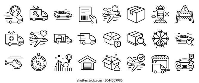 Set of Transportation icons, such as Ambulance car, Truck transport, Search package icons. Parcel invoice, Car service, Parking signs. Travel compass, Parcel, Delivery service. Lighthouse. Vector