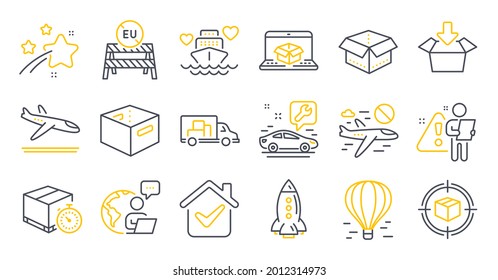 Set of Transportation icons, such as Arrivals plane, Air balloon, Online delivery symbols. Office box, Truck transport, Open box signs. Cancel flight, Honeymoon cruise, Car service. Rocket. Vector