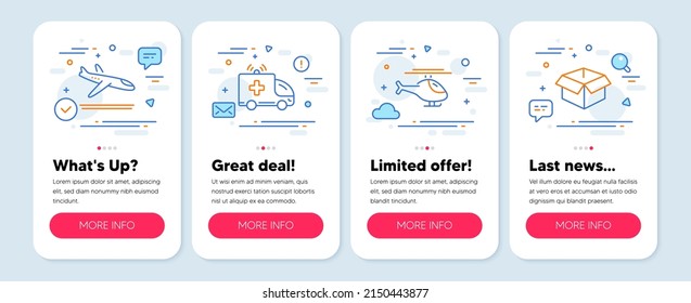 Set of Transportation icons, such as Arrivals plane, Helicopter, Ambulance car symbols. Mobile screen mockup banners. Opened box line icons. Airport transport, Copter, Emergency transport. Vector