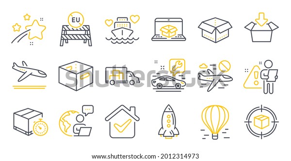 Set of Transportation icons, such as Arrivals\
plane, Air balloon, Online delivery symbols. Office box, Truck\
transport, Open box signs. Cancel flight, Honeymoon cruise, Car\
service. Rocket. Vector