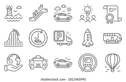 Set of Transportation icons such as Bus tour, Car, Lighthouse. Diploma, ideas, save planet. Metro subway, 48 hours, Taxi. Car travel, Rocket, Air balloon and Truck parking. Vector