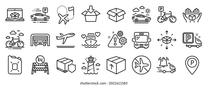 Set of Transportation icons, such as Bus, Departure plane, Delivery notification icons. Opened box, Truck parking, Parking garage signs. Canister oil, Package, Destination flag. Get box. Vector