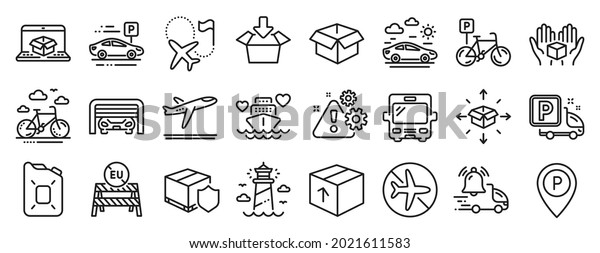 Set of Transportation icons, such as Bus,\
Departure plane, Delivery notification icons. Opened box, Truck\
parking, Parking garage signs. Canister oil, Package, Destination\
flag. Get box. Vector