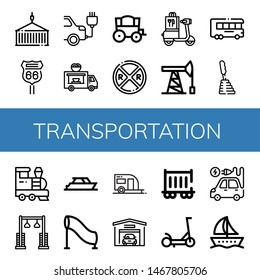 Set of transportation icons such as Container, Road sign, Electric car, Food truck, Carriage, Railroad crossing, Scooter, Oil pump, Truck, Gearstick, Train, Pulley , transportation