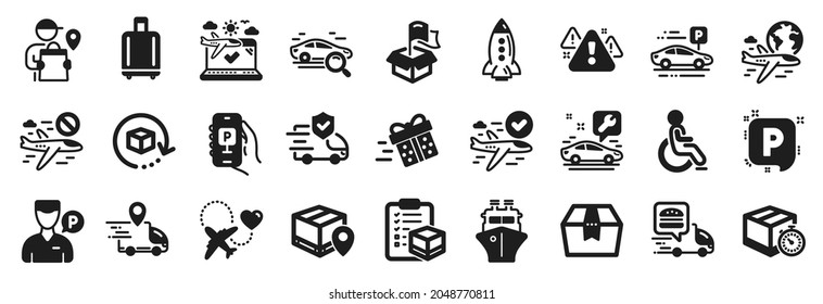 Conjunto de iconos de transporte, como el Hombre de entrega, el Viaje de luna de miel, los iconos de ubicación de entrega. Cohetes, vuelo internacional, Cancelar las señales de vuelo. Valet, Barco, Viaje en avión. Vector