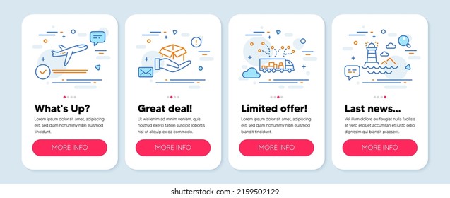 Set of Transportation icons, such as Departure plane, Hold box, Truck delivery symbols. Mobile app mockup banners. Lighthouse line icons. Airport transport, Delivery parcel, Logistics. Vector