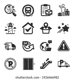 Set of Transportation icons, such as Escalator, Lift, Lighthouse symbols. Truck delivery, Search flight, Airport transfer signs. 24 hours, Metro subway, Truck parking. Package location. Vector
