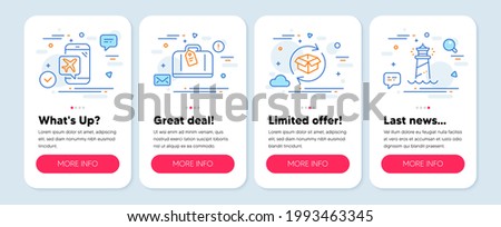 Set of Transportation icons, such as Flight mode, Hand baggage, Return parcel symbols. Mobile screen banners. Lighthouse line icons. Airplane mode, Airport bag, Exchange of goods. Vector