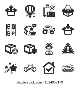 Set of Transportation icons, such as Get box, Tractor, Delivery timer symbols. Baggage reclaim, Delivery insurance, Air balloon signs. Parking place, Send box, Return package. Car, Bicycle. Vector