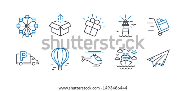 Set of Transportation icons, such as Helicopter,\
Truck parking, Gift, Send box, Push cart, Ship travel, Lighthouse,\
Ferris wheel, Air balloon, Paper plane line icons. Copter, Free\
park. Vector