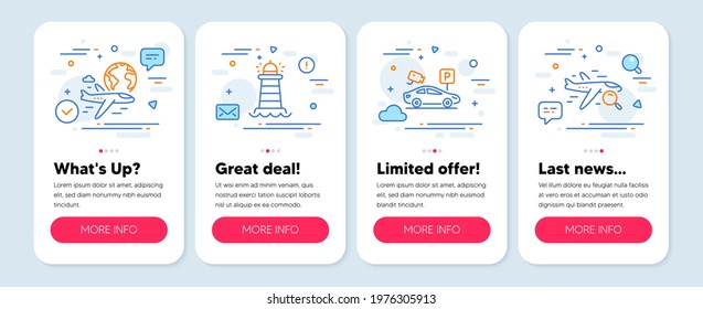 Set of Transportation icons, such as International flight, Lighthouse, Parking security symbols. Mobile app mockup banners. Search flight line icons. Vector