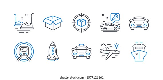 Set of Transportation icons, such as Metro subway, Opened box, Airplane travel, Car service, Parcel tracking, Rocket, Bumper cars, Taxi, Car, Ship line icons. Underground, Shipping parcel. Vector