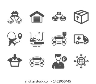 Set of Transportation icons, such as Parcel shipping, Car, Bumper cars, Airplane, Ship, Logistics network, Package, Get box, Parking garage, Valet servant, Ambulance emergency, Parking. Vector