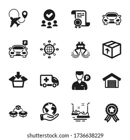 Juego de iconos de transporte, como el envío de paquetes, el automóvil. Certificado, grupo aprobado, salvar planeta. Carros parachoques, Avión, Barco. Red de logística, Paquete, Obtén. Vector