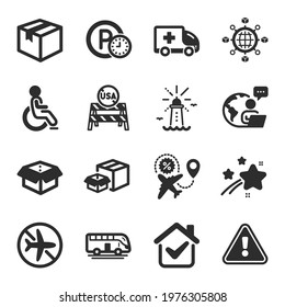 Set of Transportation icons, such as Parcel, Flight sale, Parking time symbols. Usa close borders, Packing boxes, Lighthouse signs. Bus tour, Flight mode, Open box. Disabled flat icons. Vector