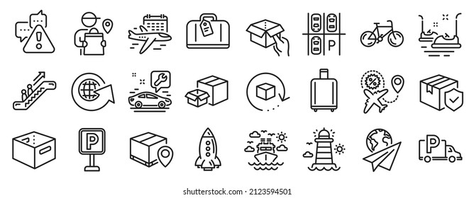 Set of Transportation icons, such as Parcel tracking, Car service, Escalator icons. Bumper cars, Hand baggage, Lighthouse signs. Truck parking, Return package, Paper plane. Office box. Vector