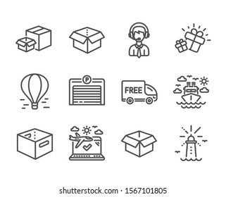 Set of Transportation icons, such as Parking garage, Shipping support, Airplane travel, Air balloon, Office box, Opened box, Ship travel, Packing boxes, Gift, Lighthouse, Free delivery. Vector
