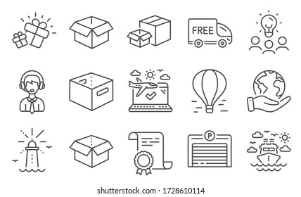 Set of Transportation icons, such as Parking garage, Shipping support. Diploma, ideas, save planet. Airplane travel, Air balloon, Office box. Opened box, Ship travel, Packing boxes. Vector