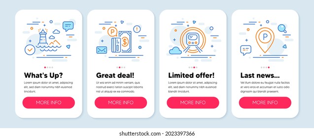 Set of Transportation icons, such as Parking payment, Metro subway, Lighthouse symbols. Mobile app mockup banners. Parking line icons. Paid garage, Underground, Navigation beacon. Park pointer. Vector