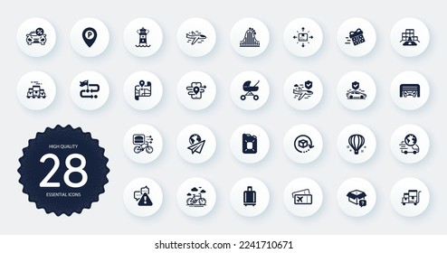Set of Transportation icons, such as Parking, Lighthouse and Delivery service flat icons. Warning, Map, Cardboard box web elements. Present delivery, Gps, Boarding pass signs. Circle buttons. Vector