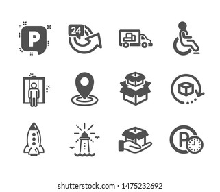 Set of Transportation icons, such as Return package, Location, Parking, Packing boxes, Hold box, Disabled, Elevator, Rocket, 24 hours, Truck transport, Parking time, Lighthouse. Vector