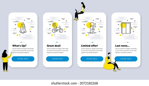 Set of Transportation icons, such as Rocket, Bicycle parking, Flag icons. UI phone app screens with people. Lift line symbols. Spaceship, Bike park, Location pointer. Elevator. Vector