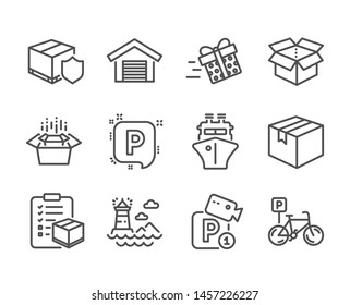 Set of Transportation icons, such as Ship, Lighthouse, Parking garage, Bicycle parking, Open box, Present delivery, Packing boxes, Delivery insurance, Parcel checklist, Parcel line icons. Vector