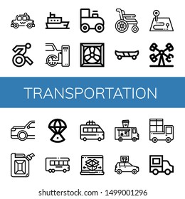 Set of transportation icons such as Taxi, Disabled, Ship, Tires, Toy train, Cooling system, Wheelchair, Skate board, Route, Booster, Car, Jerrycan, Space capsule , transportation