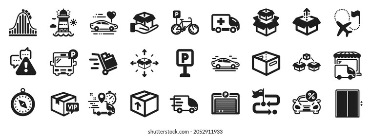 Set of Transportation icons, such as Travel path, Bus parking, Hold box icons. Bicycle parking, Delivery truck, Express delivery signs. Lighthouse, Roller coaster, Packing boxes. Warning. Vector