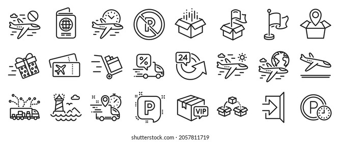 Set of Transportation icons, such as Truck delivery, Exit, Push cart icons. No parking, Arrivals plane, Delivery discount signs. Passport, Parcel shipping, Lighthouse. Boarding pass, Flag. Vector