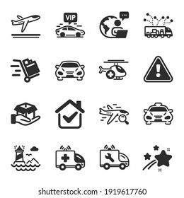 Set of Transportation icons, such as Vip transfer, Taxi, Truck delivery symbols. Search flight, Car service, Departure plane signs. Lighthouse, Ambulance car, Hold box. Medical helicopter. Vector