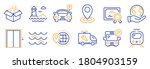 Set of Transportation icons, such as World travel, Open box. Certificate, save planet. Location, Car service, Lighthouse. Train, Lift, Waves. Parking, Bus parking line icons. Vector