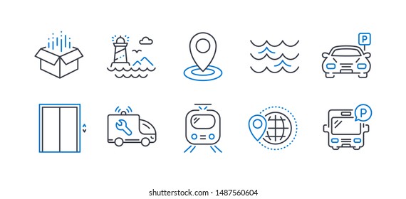 Set of Transportation icons, such as World travel, Open box, Location, Car service, Lighthouse, Train, Lift, Waves, Parking, Bus parking line icons. Map pointer, Delivery package. Vector