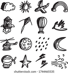 A Set of transportation Icons suitable for sky content with doodle cartoon style